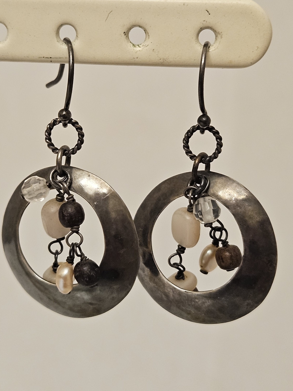 Retired Silpada W1429 Hammered Sterling Silver Rose Quartz Pearl Wood Hoop Dangl